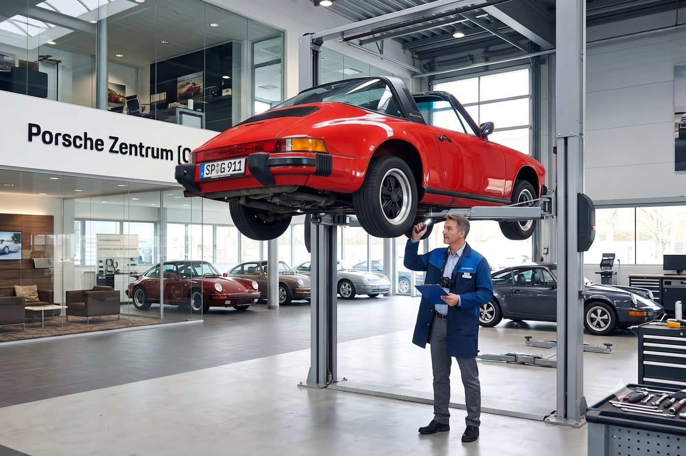 Klassischer Sportwagen auf der Hebebühne – forensische Begutachtung im Fachbetrieb